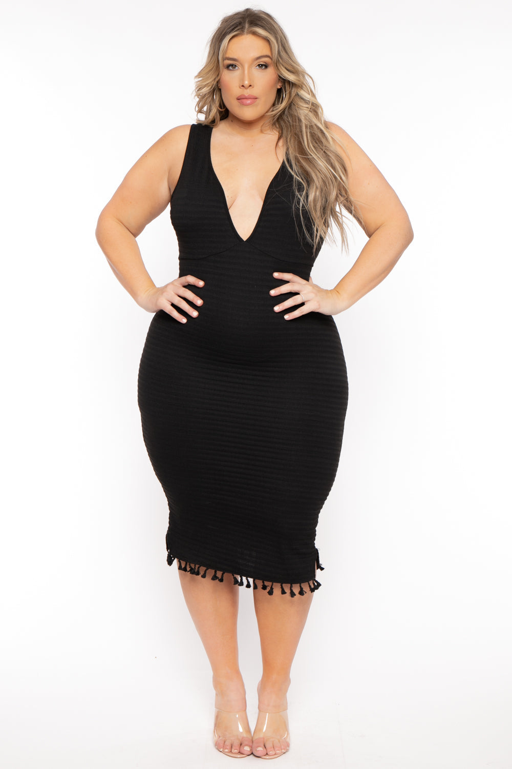 Curvy Sense Dresses 1X / Black Plus Size Jane Ribbed  Midi Dress - Black