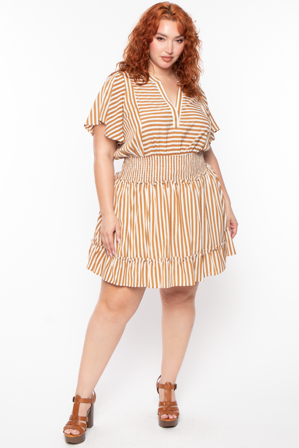 Plus Size Smocked & Stripe Dress - Beige - Curvy Sense