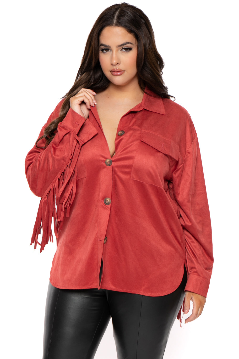 Sweet Generis Jackets And Outerwear Plus Size Suede Fringe Shirt Jacket -  Red