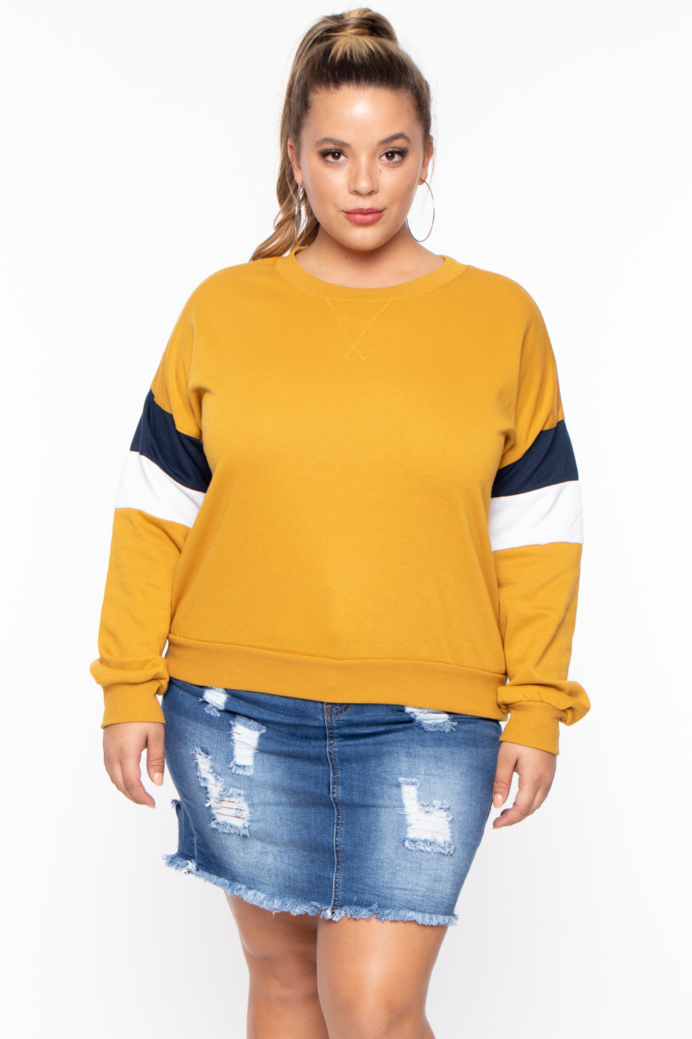 Plus Size Colorblock Sweatshirt - Mustard - Curvy Sense
