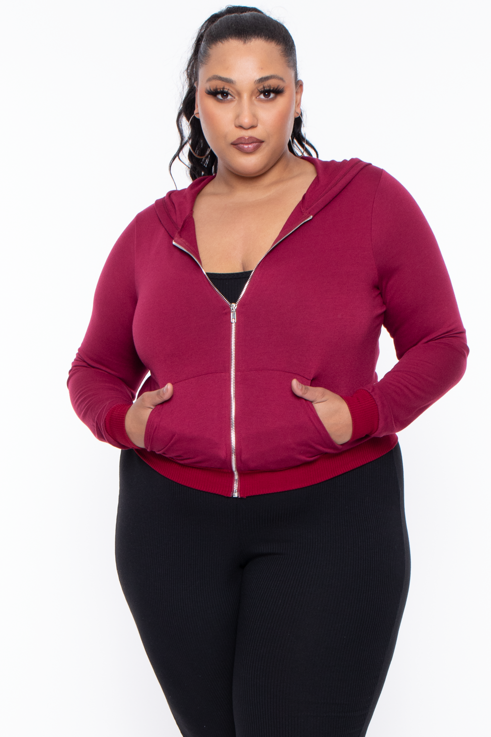 Plus Size Essential Cropped Zip-Up Hoodie Burgundy