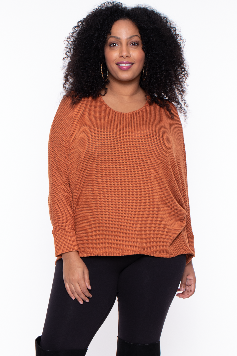 Plus Size Hi Low Draped Knit Top Rust Curvy Sense