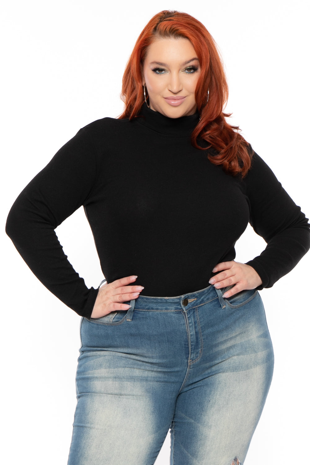 Ambiance Tops 1X / Black Plus Size Ribbed Turtleneck Top - Black