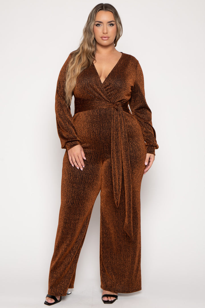 Plus Size Geneva Sash Lurex Jumpsuit -Bronze