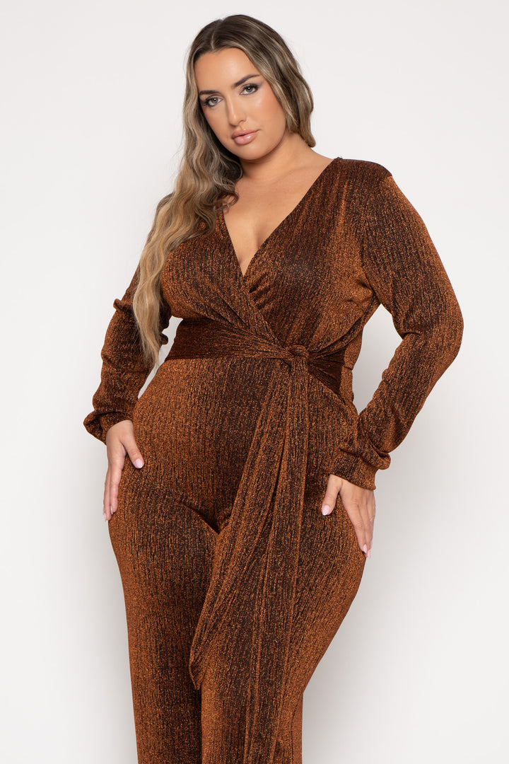 Plus Size Geneva Sash Lurex Jumpsuit -Bronze