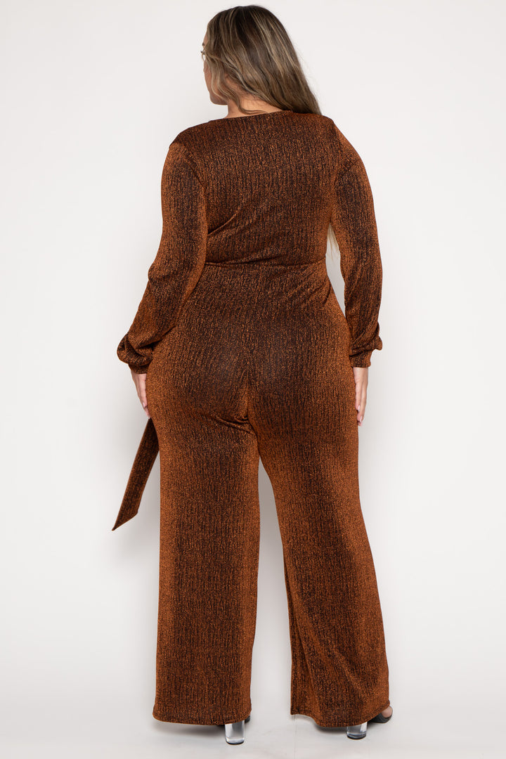 Plus Size Geneva Sash Lurex Jumpsuit -Bronze