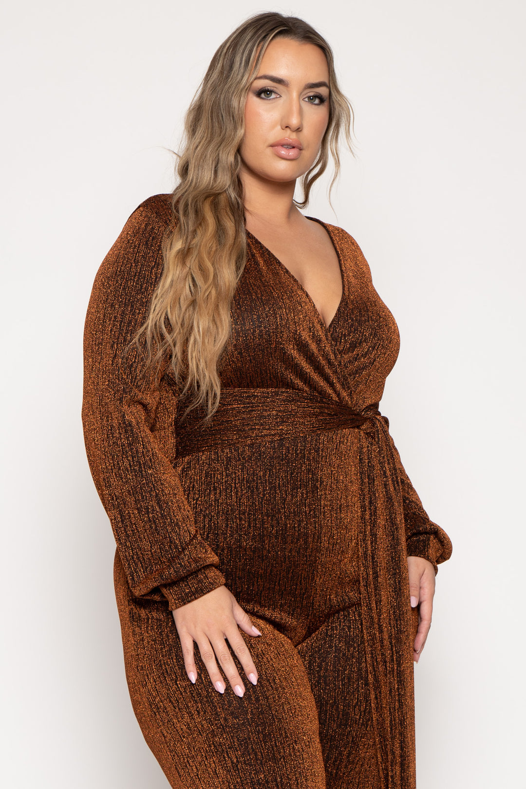 Plus Size Geneva Sash Lurex Jumpsuit -Bronze