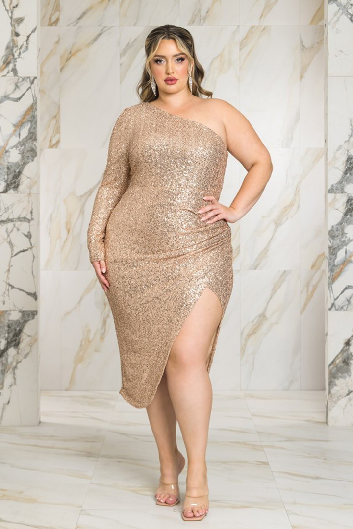 Plus Size Maida Sequence Dress-Champagne