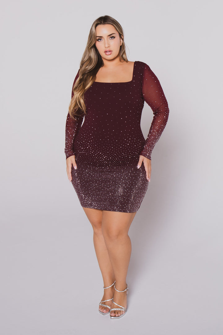 Plus Size Yara Gradient Rhinestone Dress- Maroon