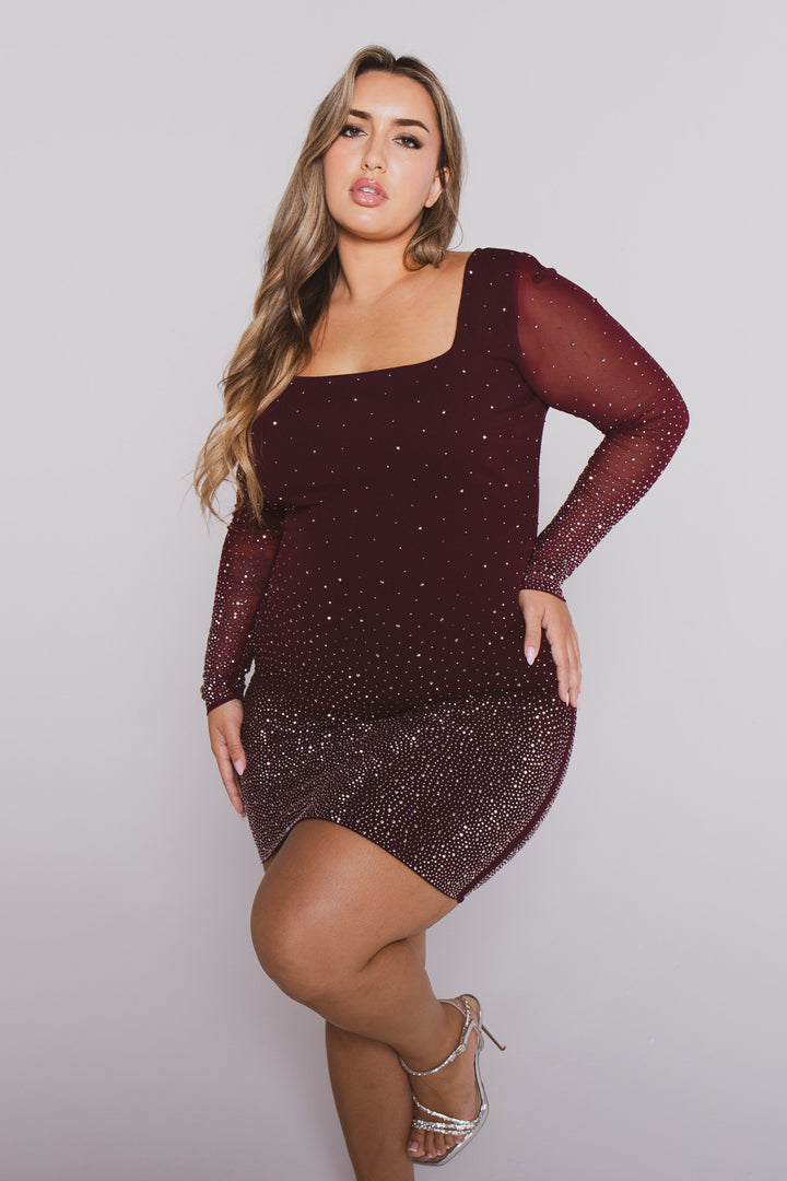 Plus Size Yara Gradient Rhinestone Dress- Maroon