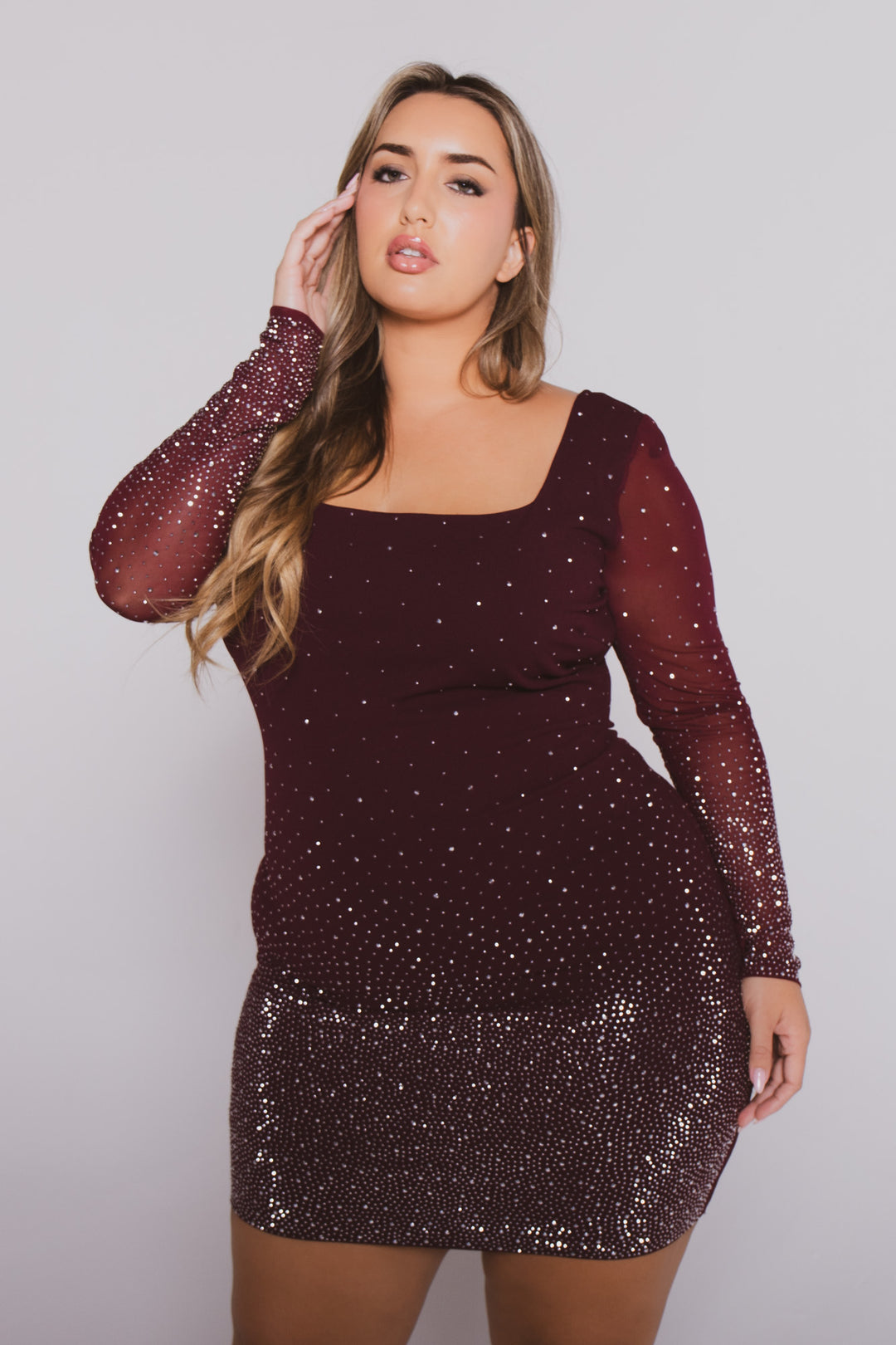 Plus Size Yara Gradient Rhinestone Dress- Maroon