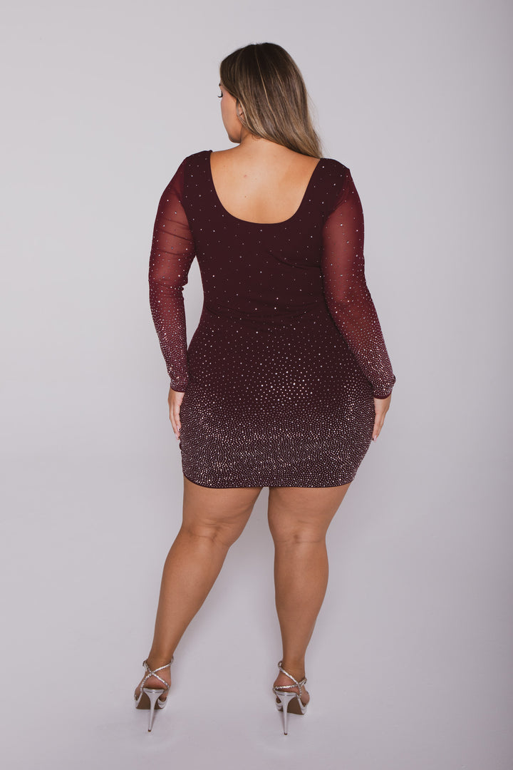 Plus Size Yara Gradient Rhinestone Dress- Maroon