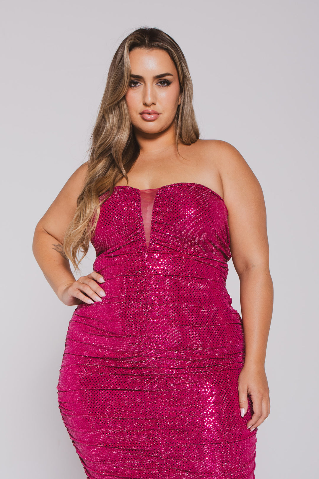 Plus Size Kalinda Sequence  Midi  Dress- Magenta