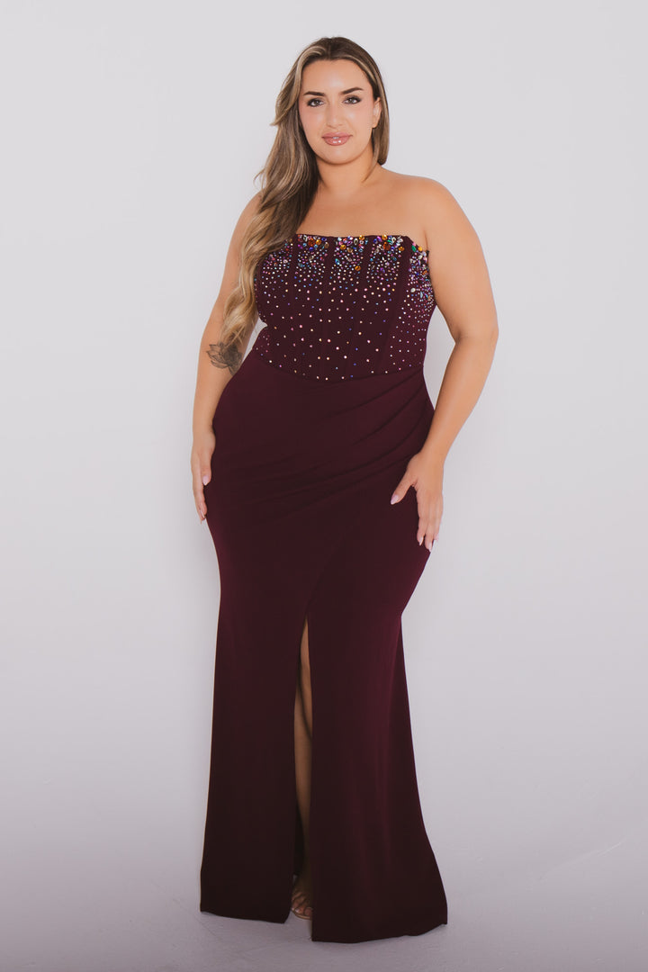 Plus Size Estelle Rhinestone Bustier  Dress- Maroon