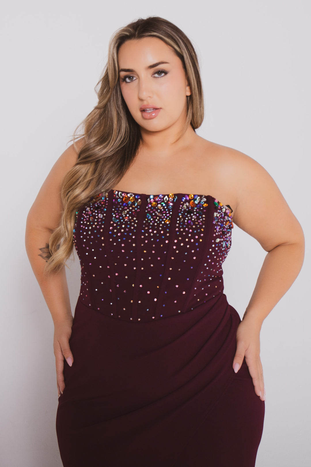 Plus Size Estelle Rhinestone Bustier  Dress- Maroon