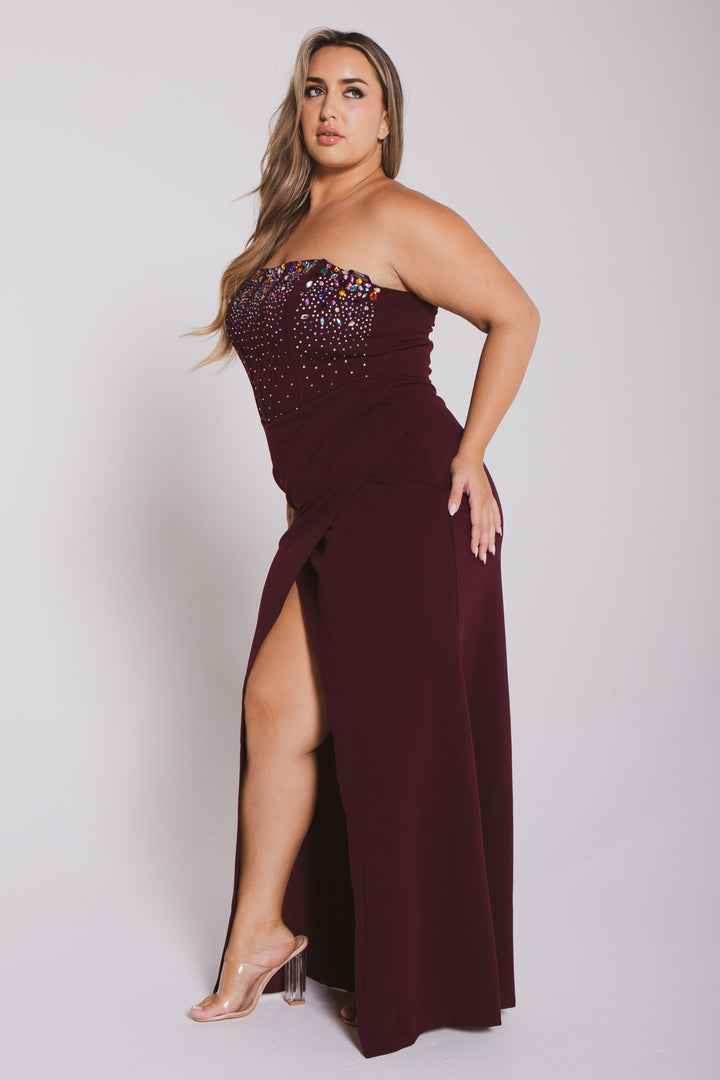 Plus Size Estelle Rhinestone Bustier  Dress- Maroon