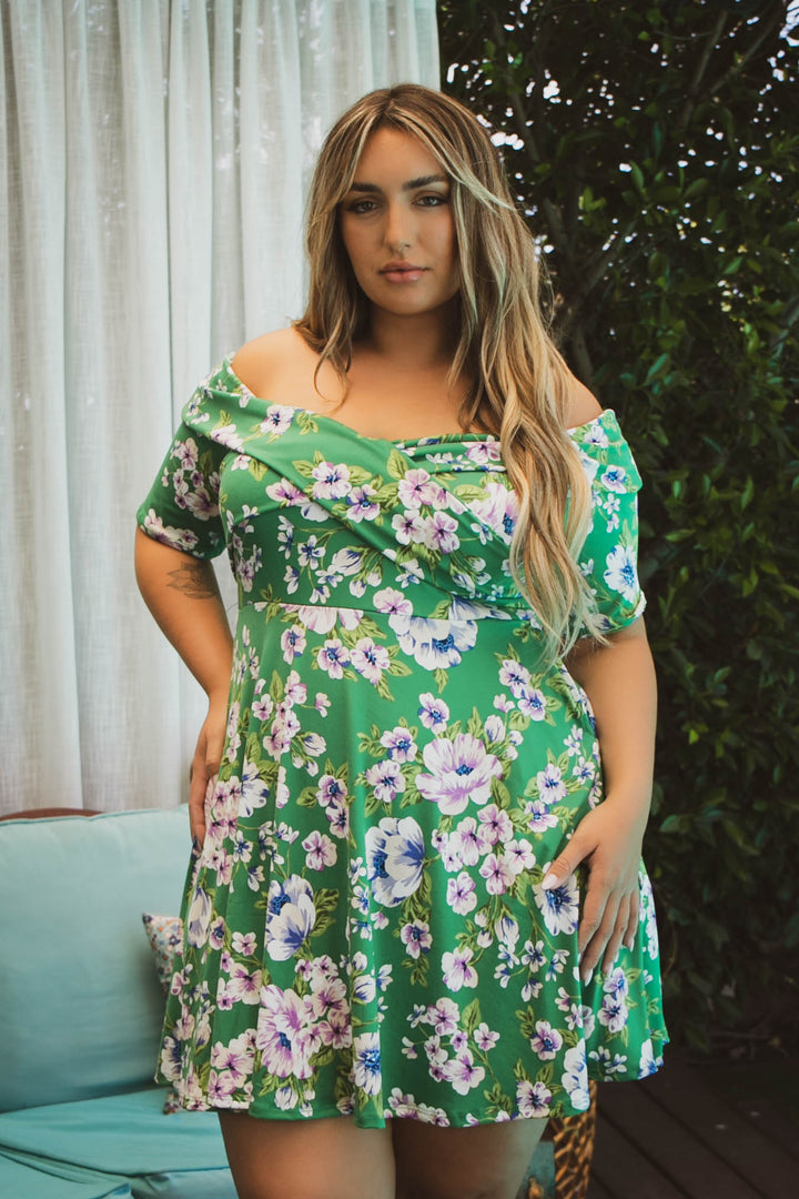 Plus Size Lydia Floral Flare Dress- Green