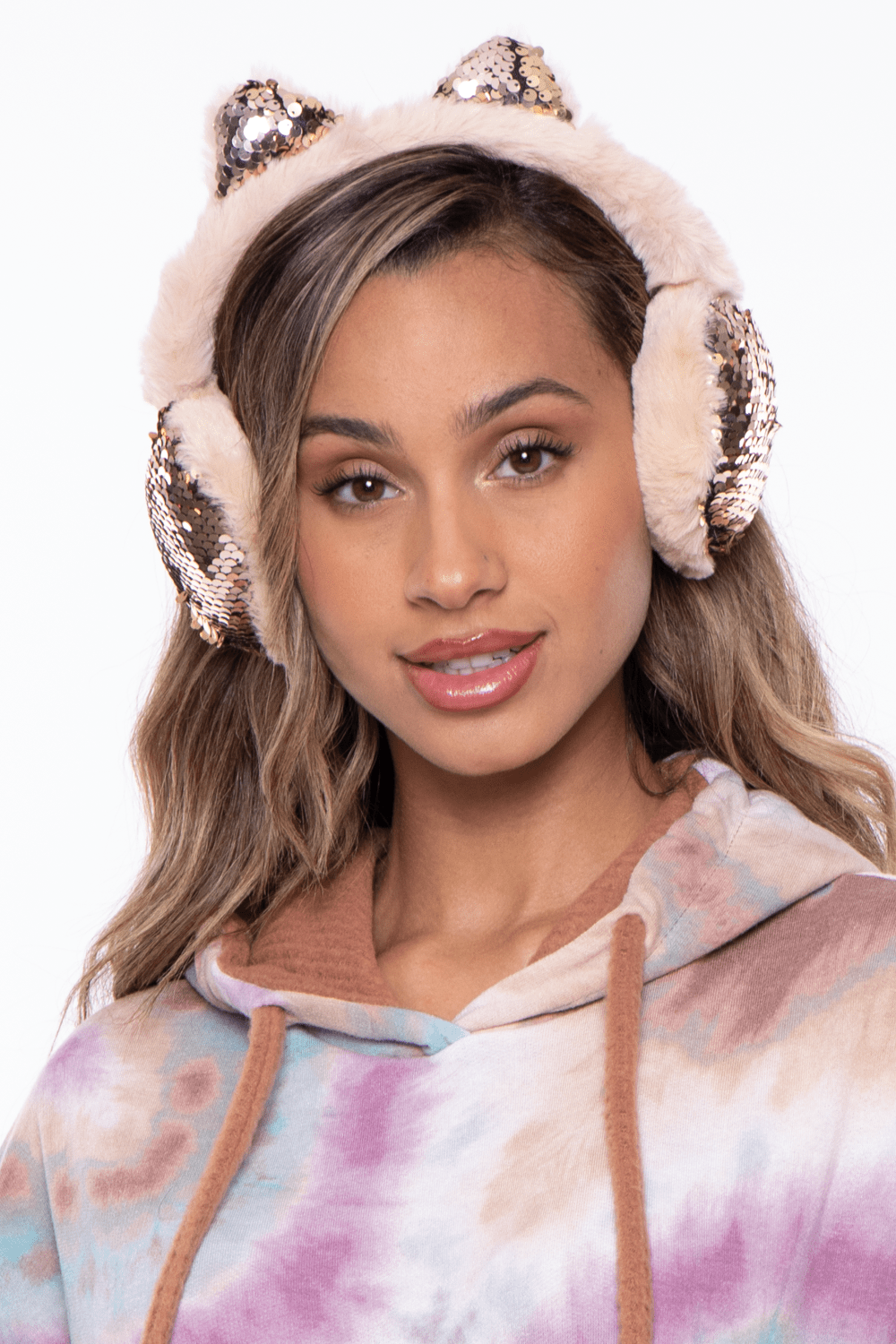 Illuma Fashion Accessories ONE SIZE / Beige Fluffy Sequin Faux Fur Ear Muffs with kitty ears- Beige