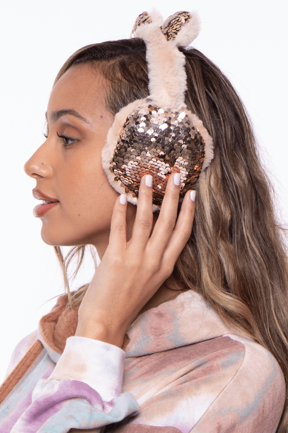 Illuma Fashion Accessories ONE SIZE / Beige Fluffy Sequin Faux Fur Ear Muffs with kitty ears- Beige