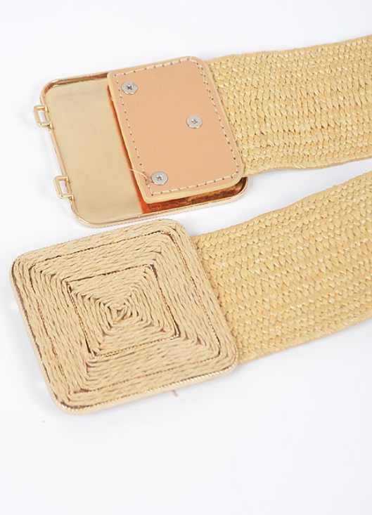 Plus Size Faux Straw Two Buckle Elastic Belt Tan Curvy Sense