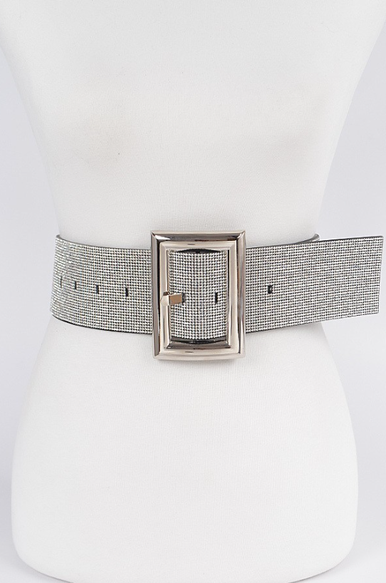 Plus Size Wide Rhinestone Waist Belt Silver
