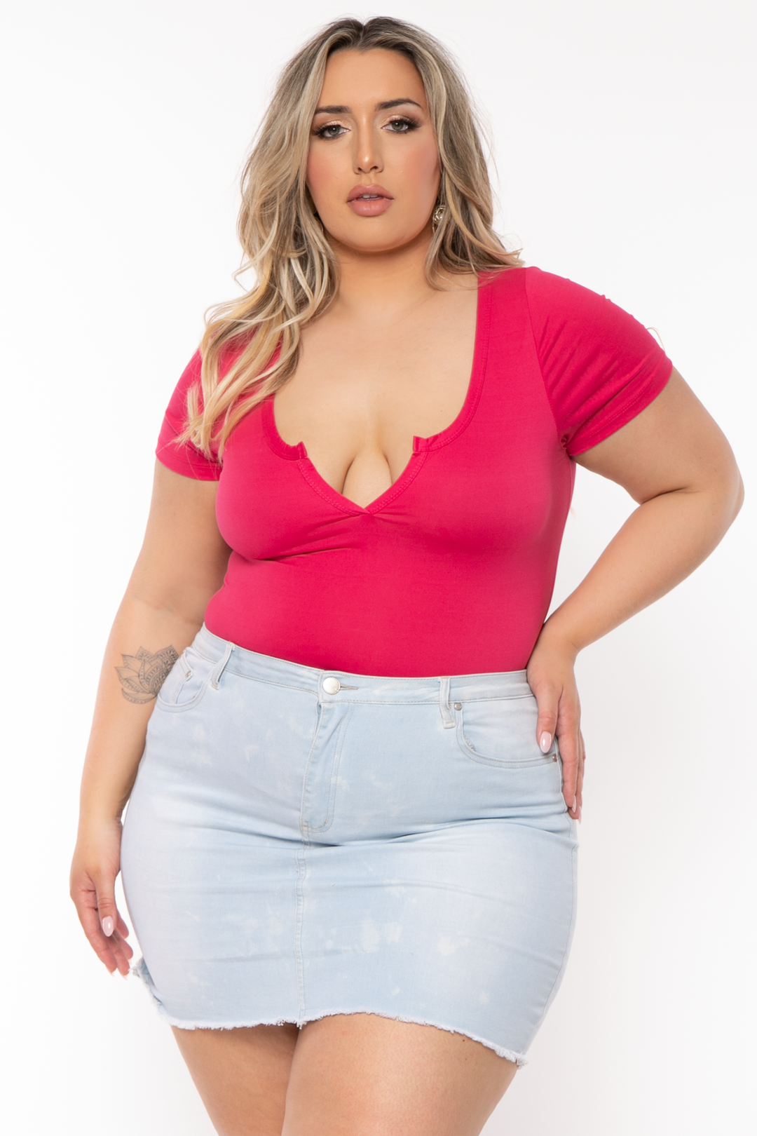 Up Clothing Bodysuits 1X / Fuchsia Plus Size Casual Spilt Neck Bodysuit - Fuchsia