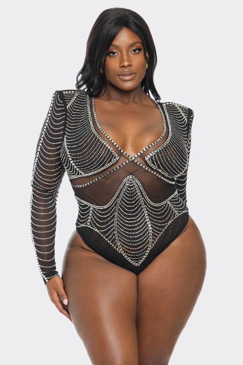 Banjul Bodysuits Plus Size Glam Rhinestone Fishnet Bodysuit -Black