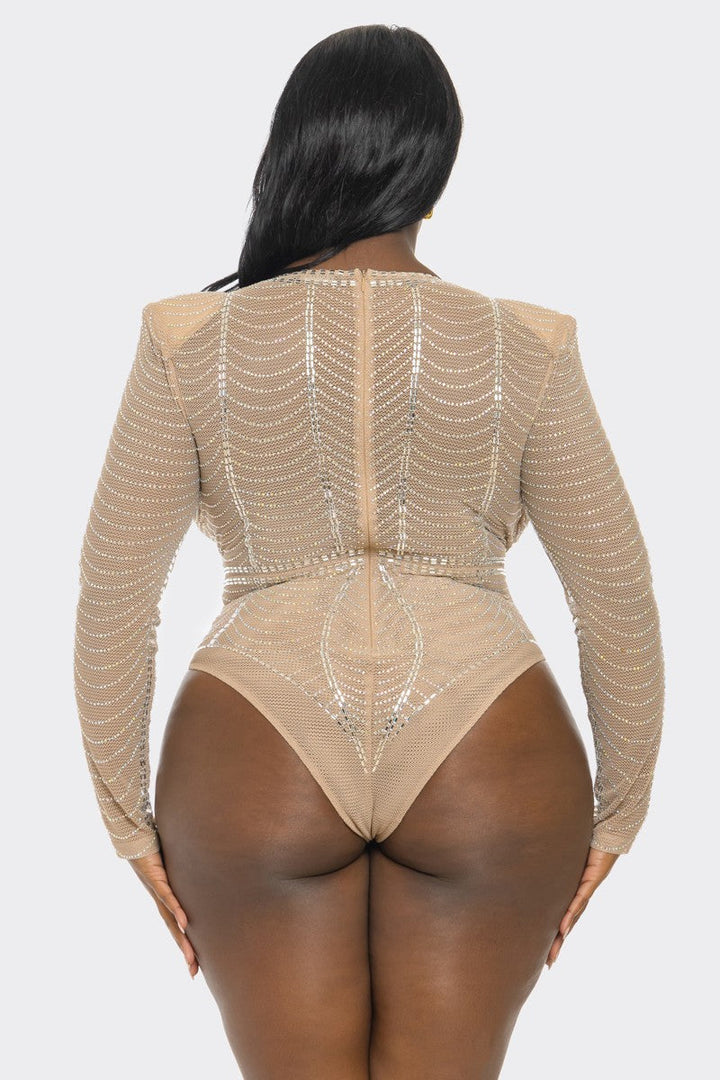 Banjul Bodysuits Plus Size Glam Rhinestone Fishnet Bodysuit -Nude
