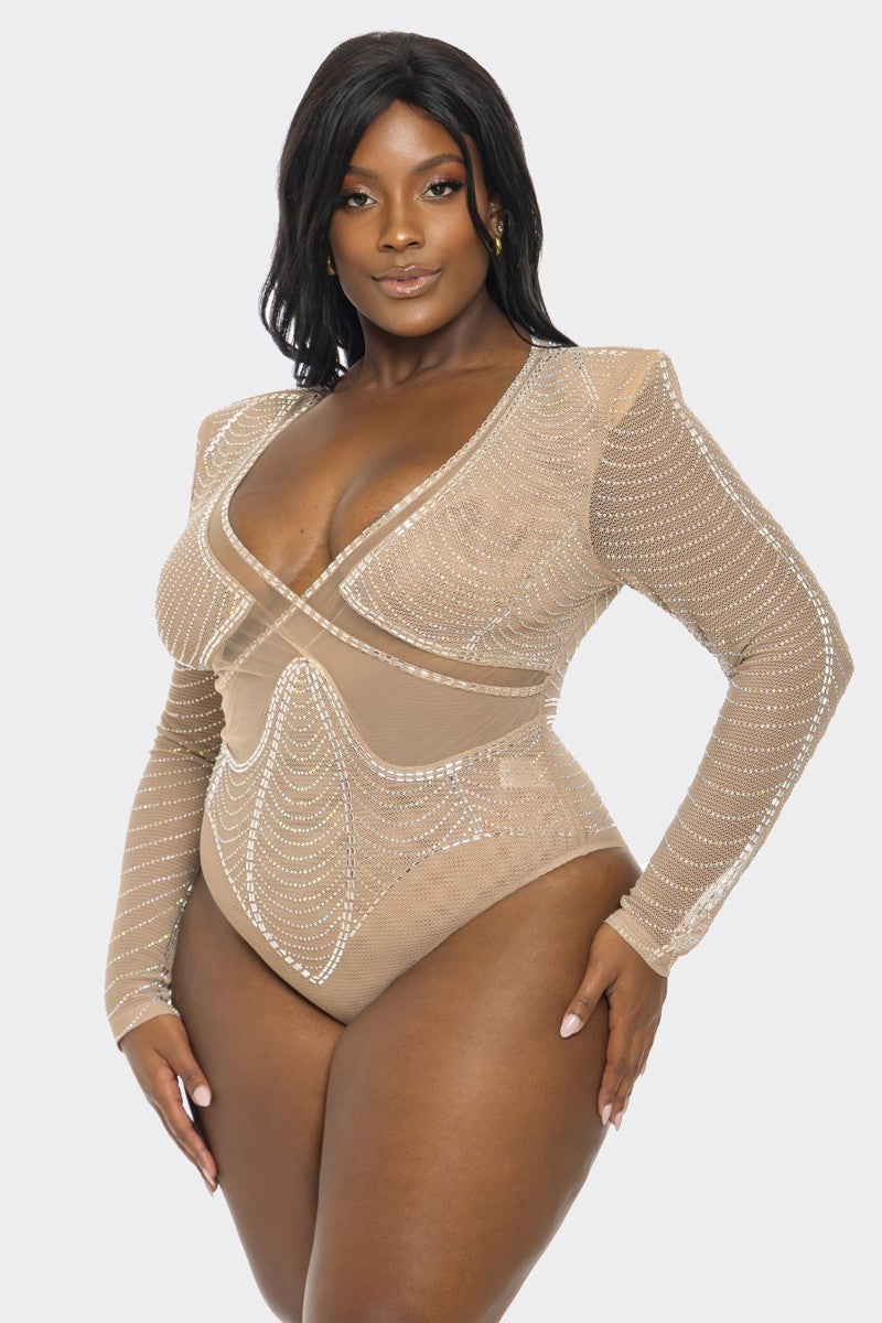 Banjul Bodysuits 1X / Nude Plus Size Glam Rhinestone Fishnet Bodysuit -Nude