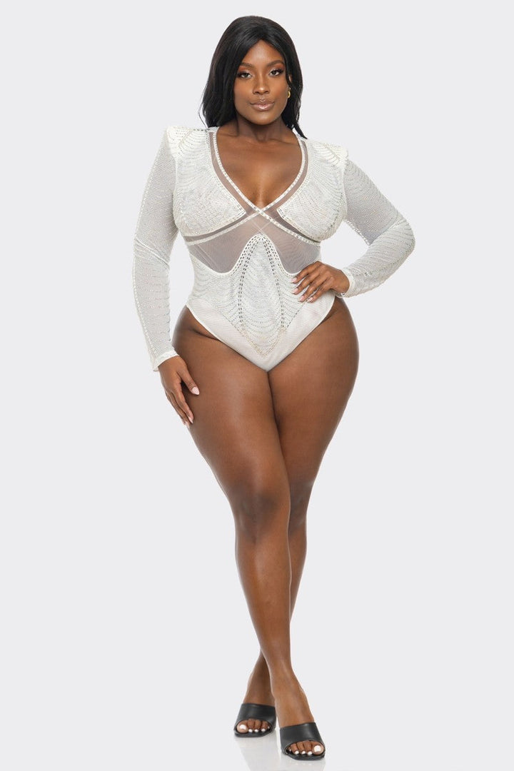 Banjul Bodysuits Plus Size Glam Rhinestone Fishnet Bodysuit -White