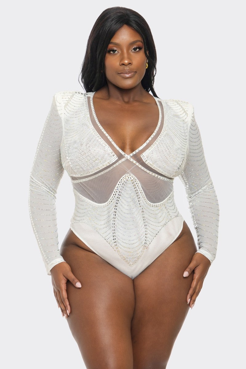 Banjul Bodysuits 1X / White Plus Size Glam Rhinestone Fishnet Bodysuit -White