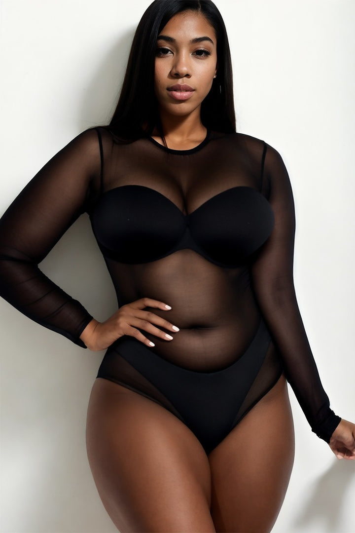 Capella Bodysuits Plus Size Never Basic Mesh Bodysuit-Black