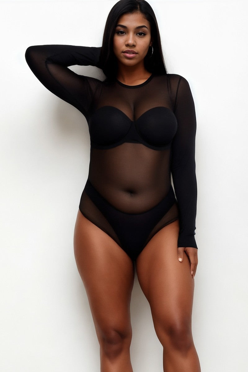 Capella Bodysuits Plus Size Never Basic Mesh Bodysuit-Black