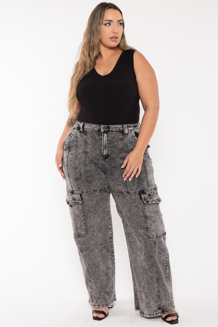 American Bazi Bottoms Plus Size  Acid Wash Cargo Denim Pants - Black