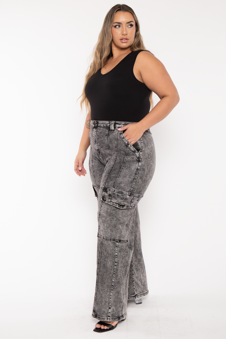 American Bazi Bottoms Plus Size  Acid Wash Cargo Denim Pants - Black