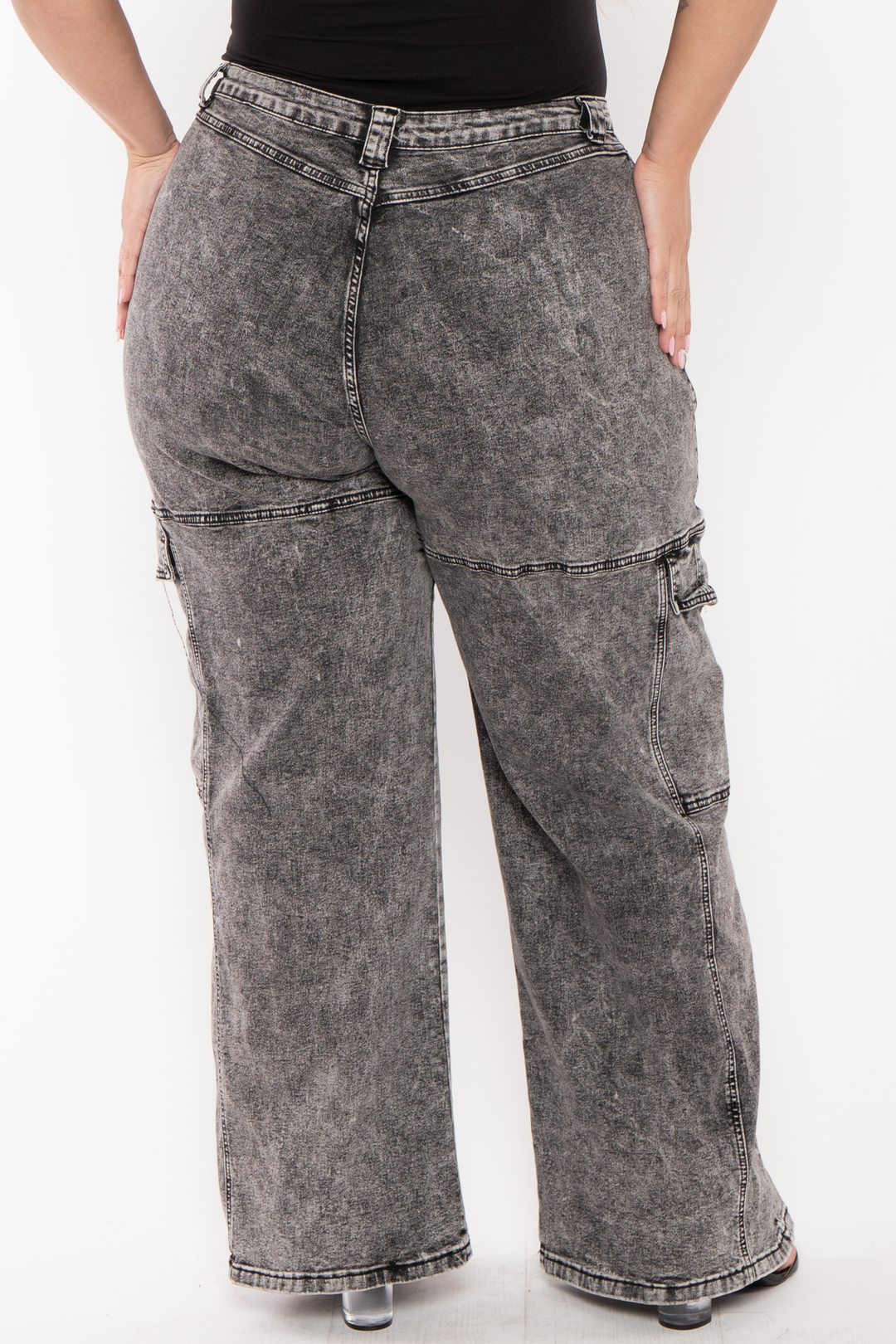 American Bazi Bottoms Plus Size  Acid Wash Cargo Denim Pants - Black