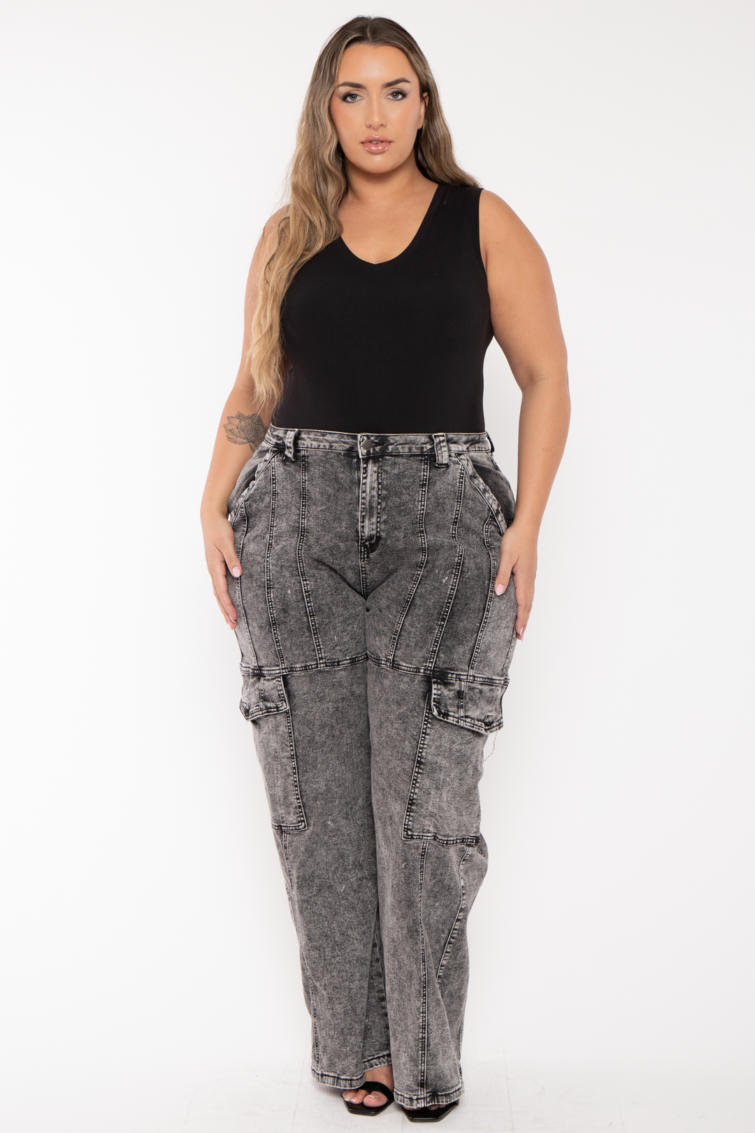 American Bazi Bottoms Plus Size  Acid Wash Cargo Denim Pants - Black