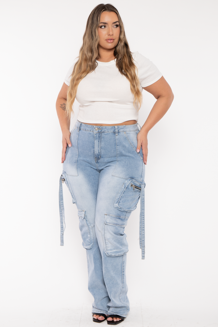 American Bazi Bottoms Plus Size  Acid Wash Stacked Pants - Blue