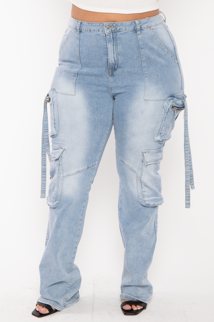 American Bazi Bottoms Plus Size  Acid Wash Stacked Pants - Blue