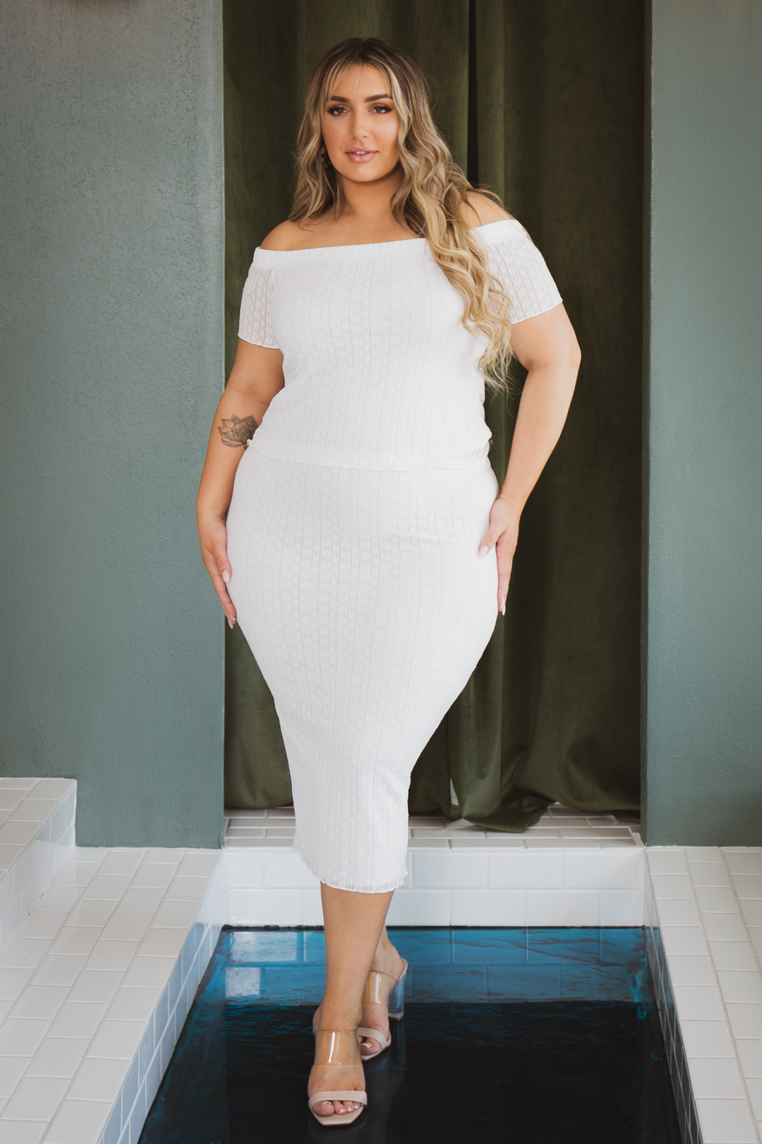 Curvy Sense Bottoms Plus Size Arielle Lace  Midi Skirt - White