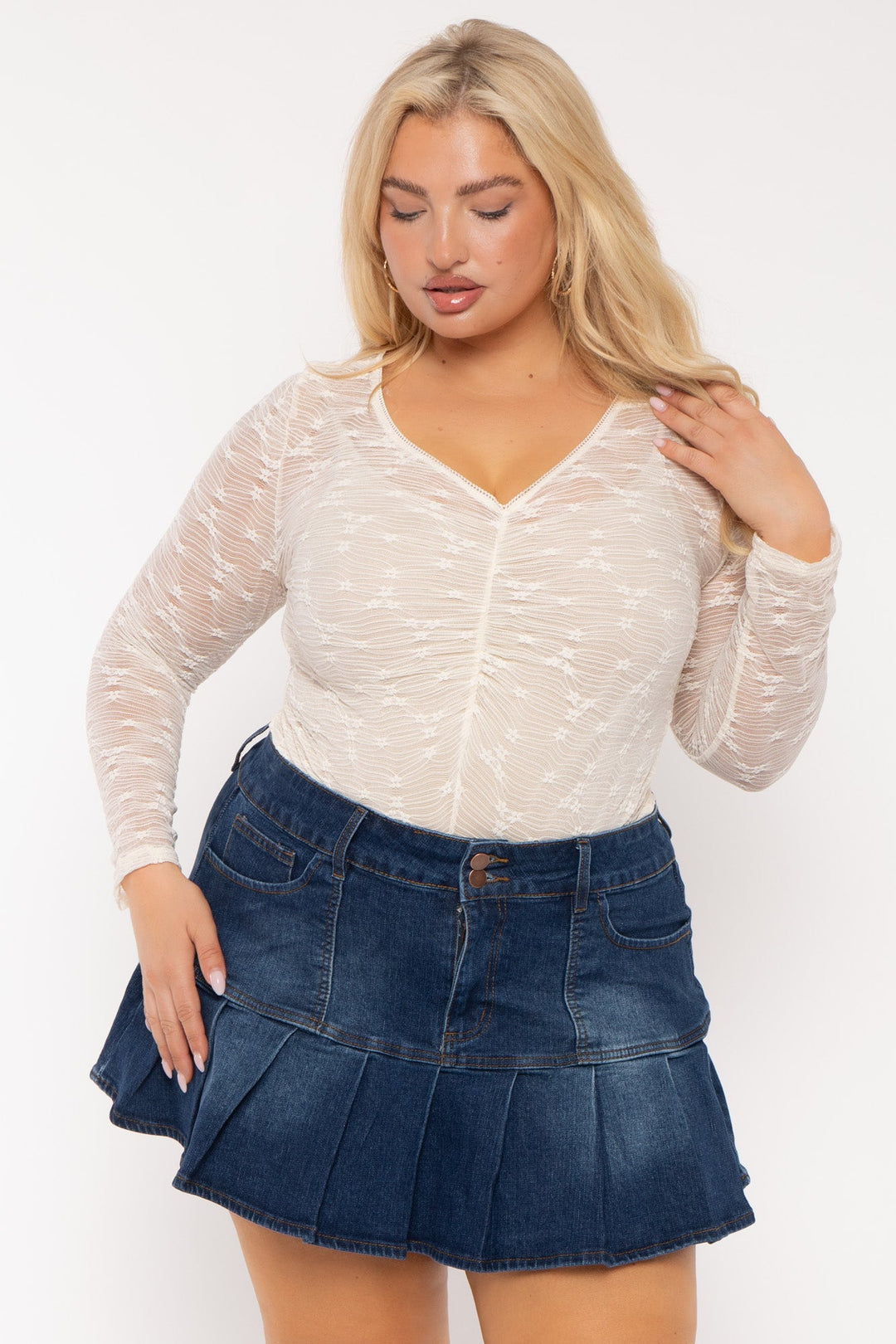 American Bazi Bottoms Plus Size Bazi  Pleated  Denim Mini Skirt -  Blue