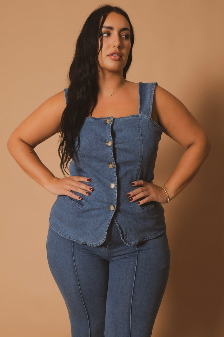 Blue Leopard Bottoms Plus Size Button Down Denim Top - Blue