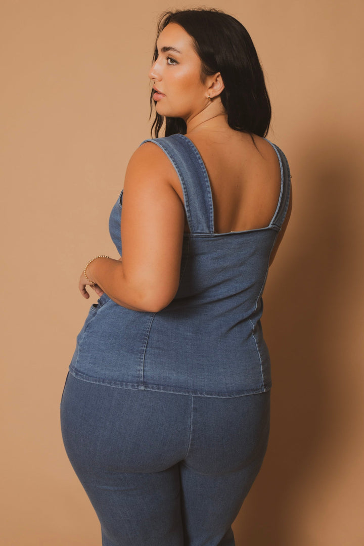 Blue Leopard Bottoms Plus Size Button Down Denim Top - Blue