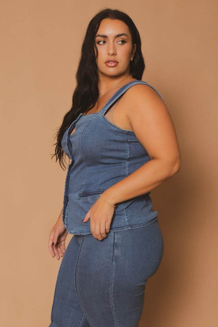 Blue Leopard Bottoms Plus Size Button Down Denim Top - Blue