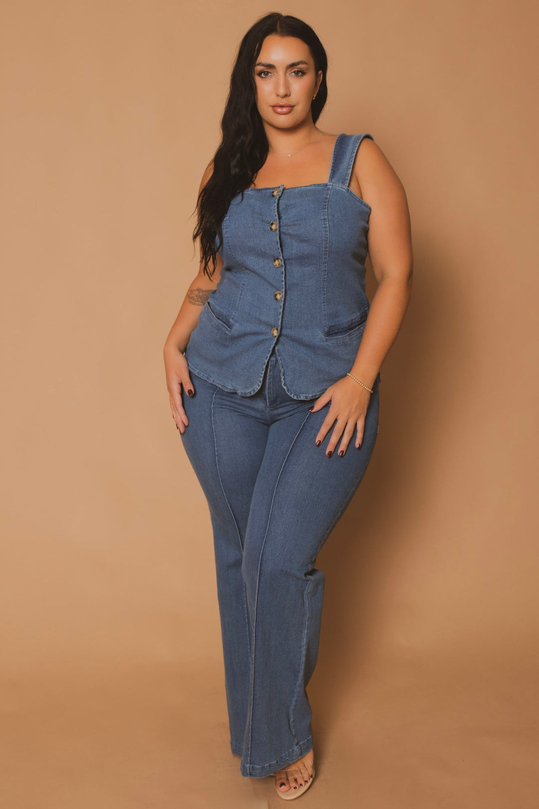 Blue Leopard Bottoms Plus Size Button Down Denim Top - Blue