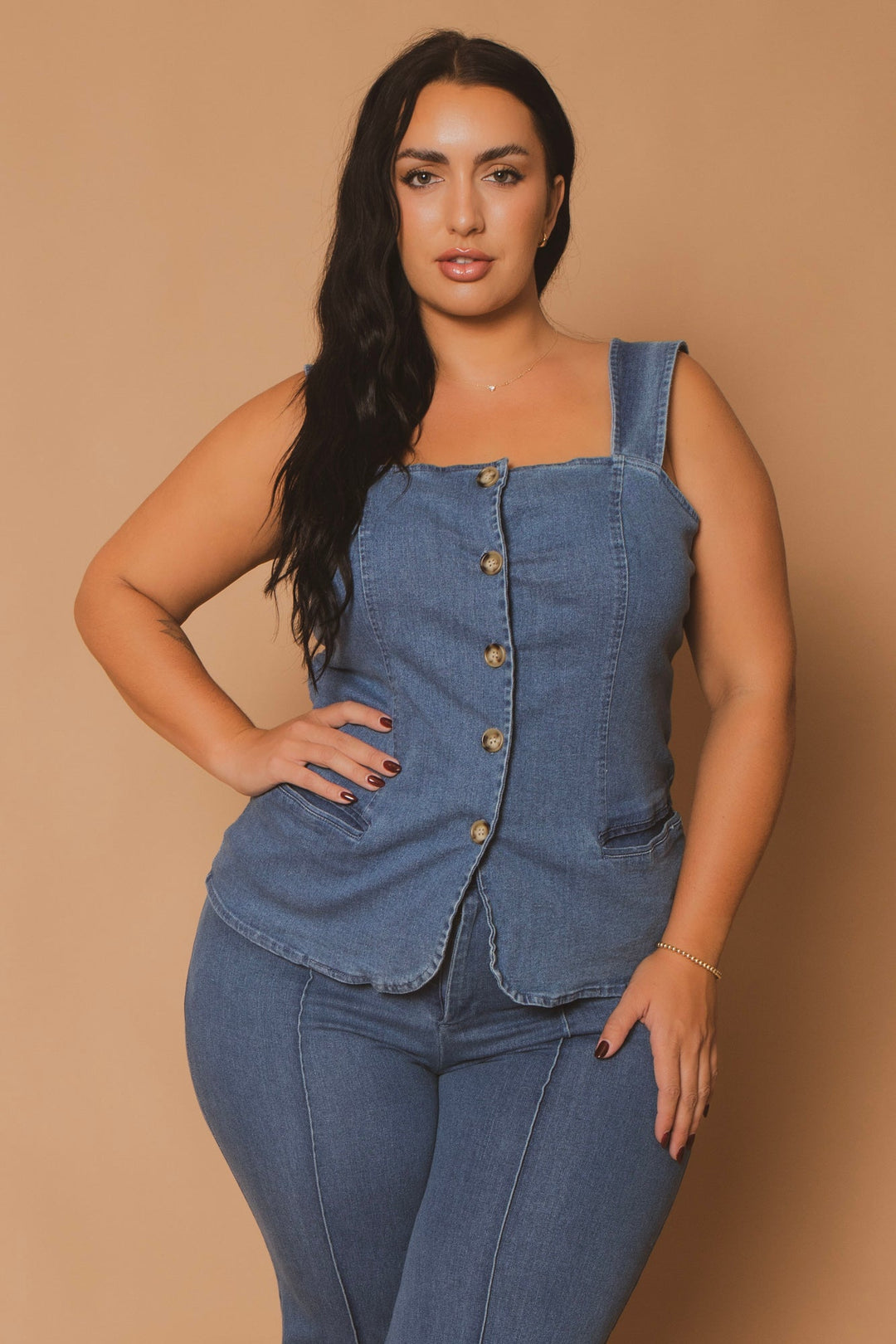 Blue Leopard Bottoms Plus Size Button Down Denim Top - Blue