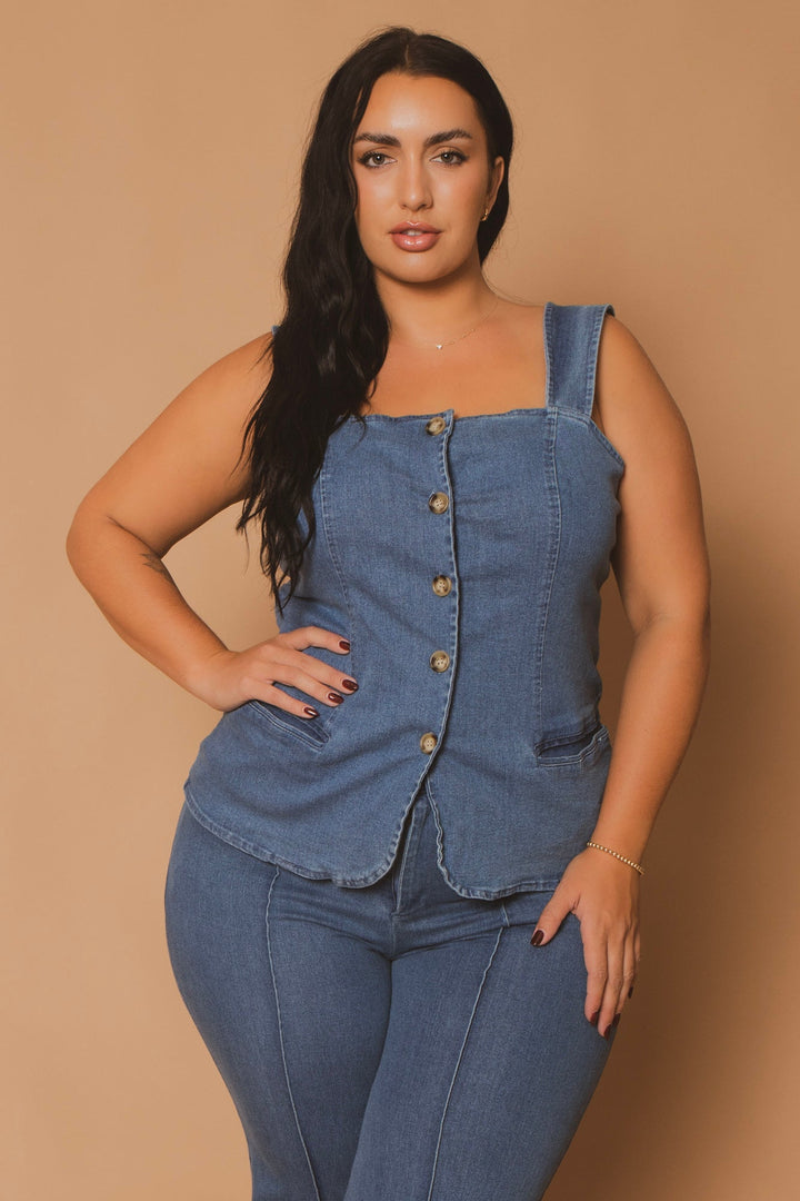 Blue Leopard Bottoms Plus Size Button Down Denim Top - Blue