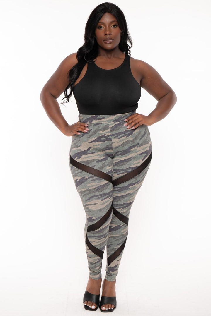 Curvy Sense Bottoms Plus Size Camo  Generation X Leggings - Olive