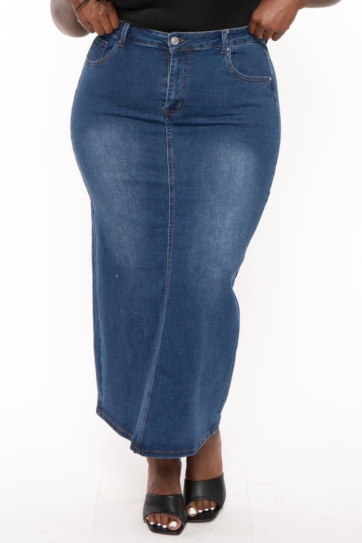 Wax Jean Bottoms Plus Size Daphnee  Denim Midi Skirt- Dark Wash