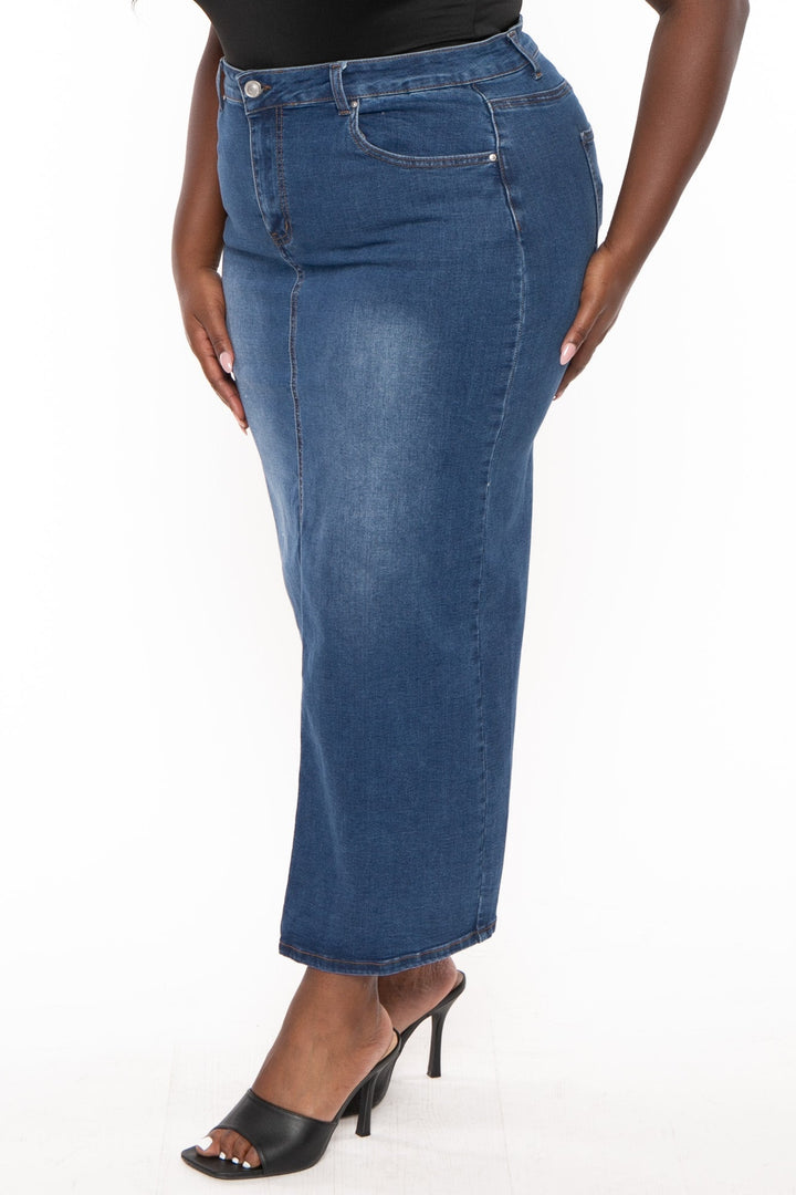 Wax Jean Bottoms Plus Size Daphnee  Denim Midi Skirt- Dark Wash